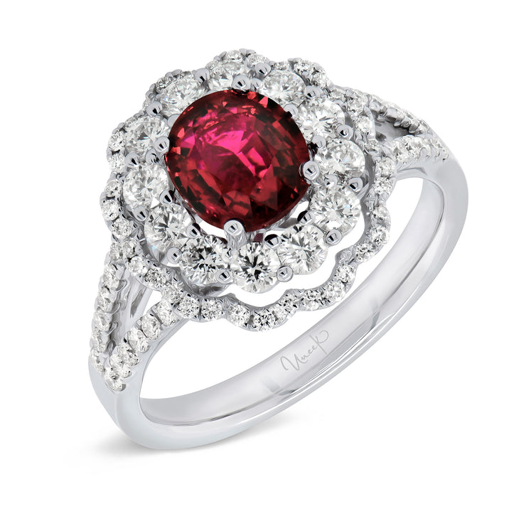 Uneek Precious Collection Double-Halo Oval Shaped Ruby Engagement Ring