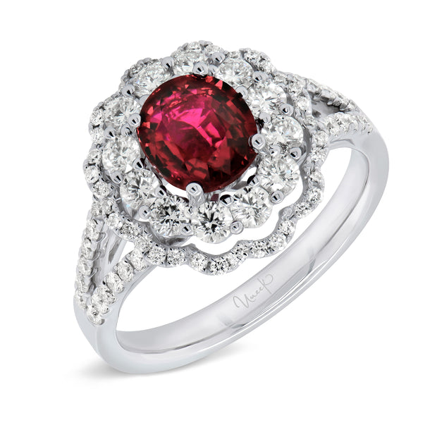 Uneek Precious Collection Double-Halo Oval Shaped Ruby Engagement Ring