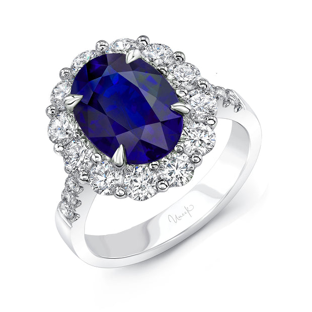Uneek Precious Collection Halo Oval Shaped Blue Sapphire Fashion Ring