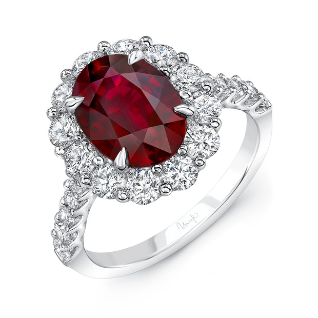 Uneek Precious Collection Halo Oval Shaped Ruby Engagement Ring