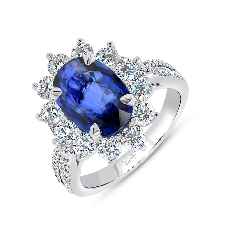 Uneek Precious Collection Halo Oval Blue Sapphire Engagement Ring