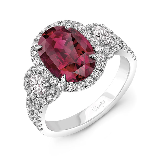Uneek Precious Collection 3-Stone-Halo Oval Ruby Engagement Ring