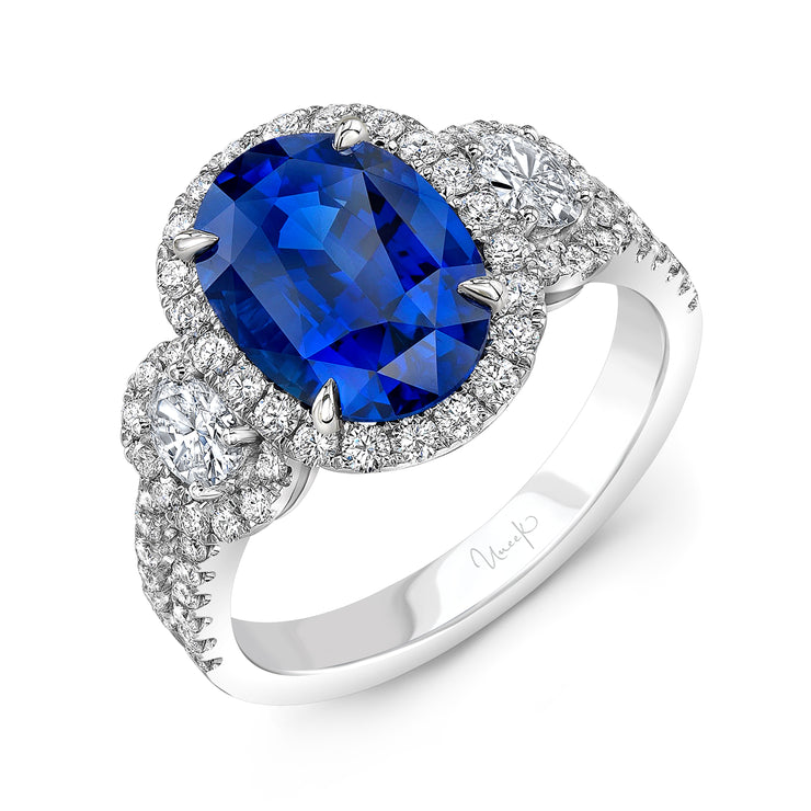 Uneek Precious Collection 3-Stone-Halo Oval Blue Sapphire Engagement Ring