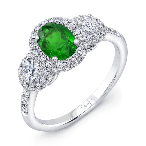 Uneek Precious Collection 3-Stone-Halo Oval Emerald Engagement Ring