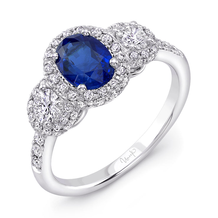 Uneek Precious Collection 3-Stone-Halo Oval Blue Sapphire Engagement Ring