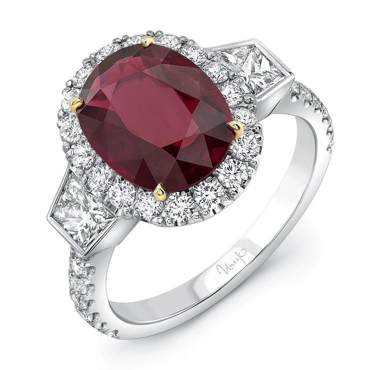 Uneek Precious Collection 3-Stone-Halo Oval Ruby Engagement Ring