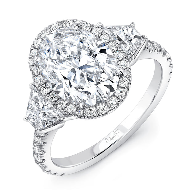 Uneek Three-Stone Engagement Ring with 3-Carat Oval Center on Halo