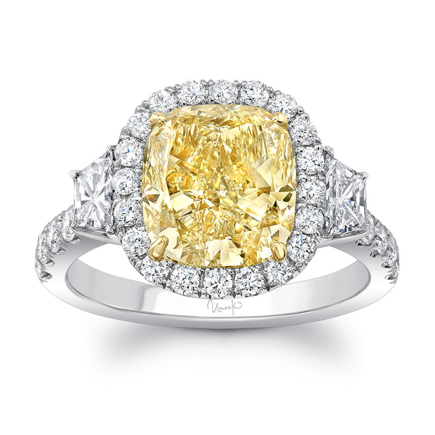 Uneek Contemporary Cushion-Cut Yellow Diamond Center Three-Stone Engagement Ring