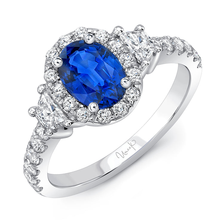Uneek Precious Collection 3-Stone-Halo Oval Blue Sapphire Engagement Ring