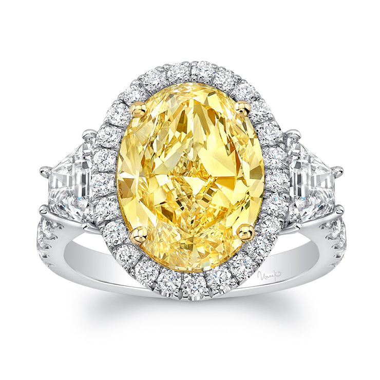 Uneek Natureal Collection 3-Stone-Halo Oval Fancy Yellow Diamond Engagement Ring