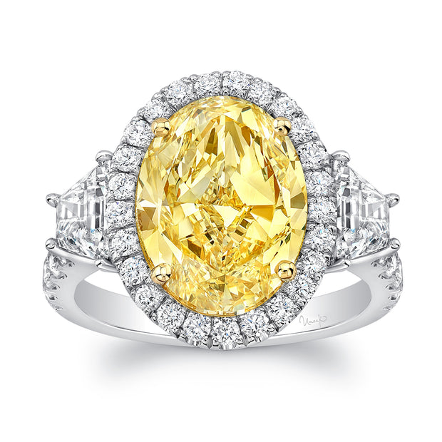 Uneek Natureal Collection 3-Stone-Halo Oval Fancy Yellow Diamond Engagement Ring