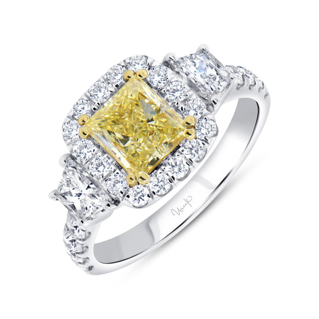 Uneek Natureal Collection 3-Stone-Halo Princess Yellow Diamond Engagement Ring