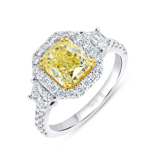 Uneek Natureal Collection 3-Stone-Halo Radiant Yellow Diamond Engagement Ring