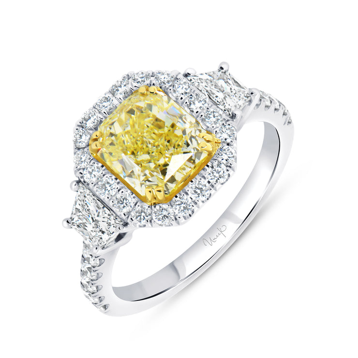 Uneek Natureal Collection 3-Stone-Halo Radiant Yellow Diamond Engagement Ring