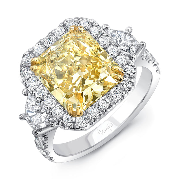 Uneek Natureal Collection 3-Stone-Halo Radiant Fancy Yellow Diamond Engagement Ring