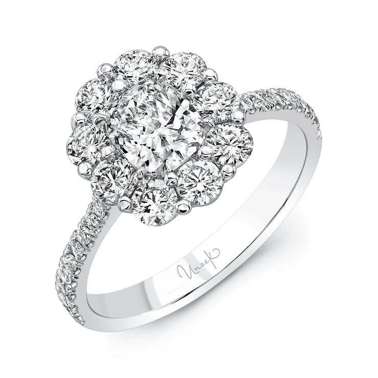 Uneek Cushion-Cut Diamond Engagement Ring with Floral-Inspired Shared-Prong Round Diamond Halo