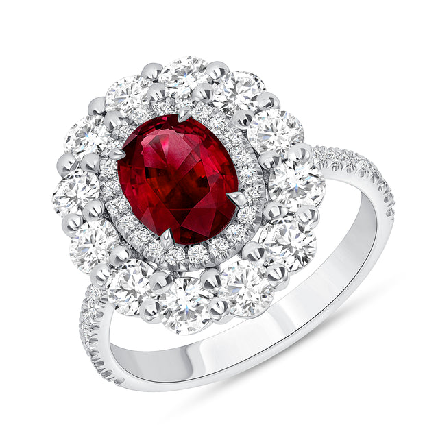 Uneek Precious Collection Double-Halo Oval Shaped Ruby Engagement Ring