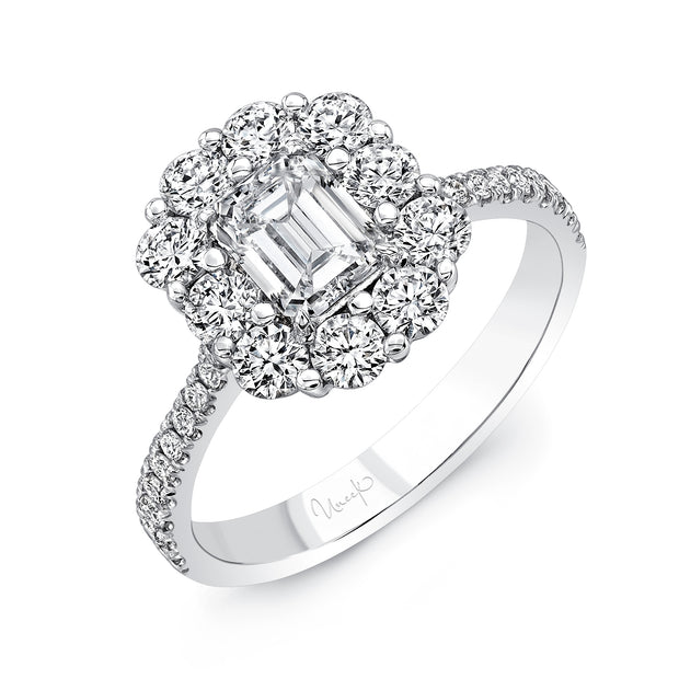Uneek Emerald-Cut Diamond Engagement Ring with Scallop-Style Shared-Prong Round Diamond Halo