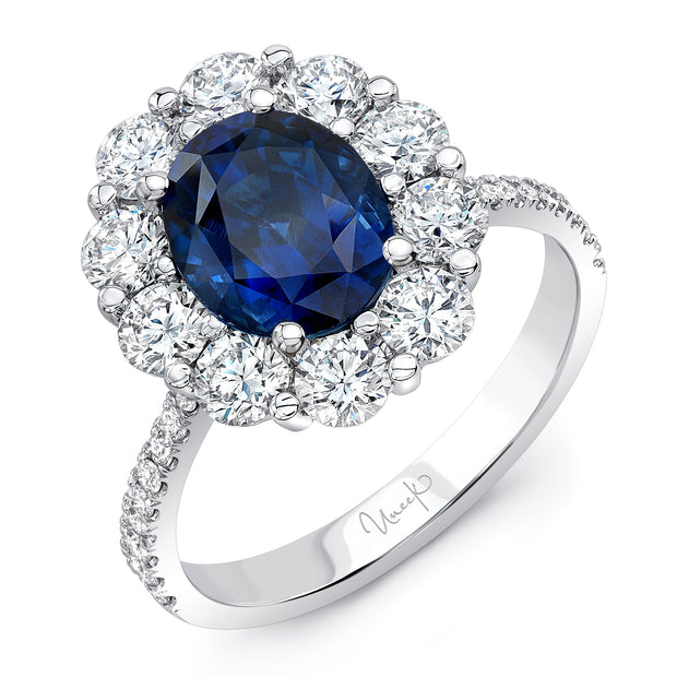 Uneek Oval Blue Sapphire Ring Petals Collection Round Diamond Halo and Tapered Shank