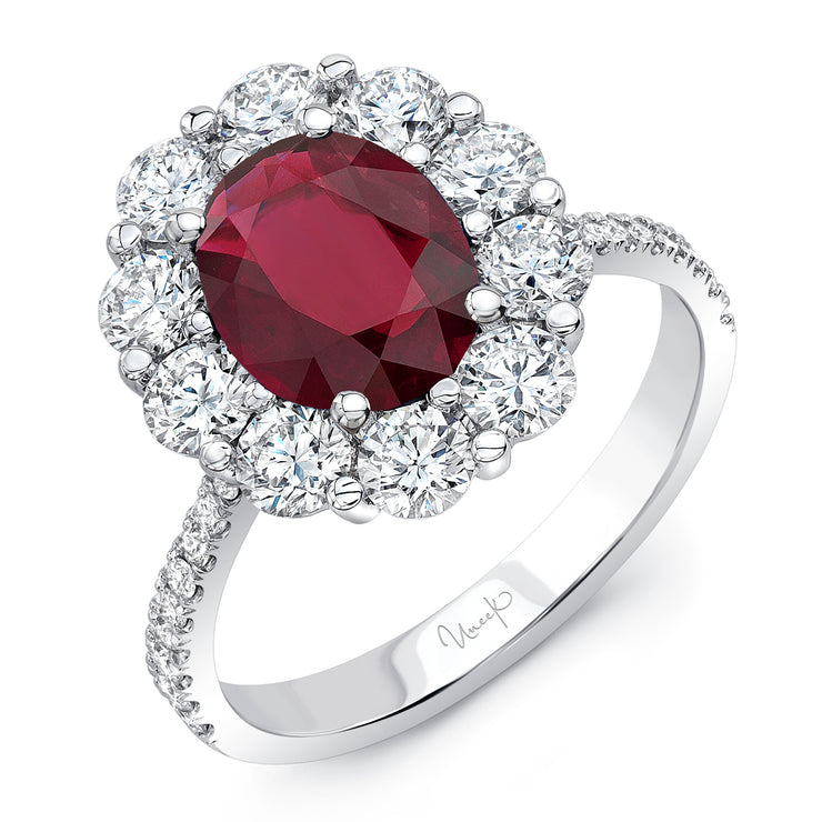 Uneek Oval Ruby Ring with Scallop-Style Diamond Halo and Tapered Shank