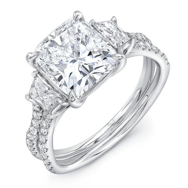 Uneek Cushion Cut Diamond-Center Classic Three-Stone Engagement Ring with Pave Silhouette Double Shank