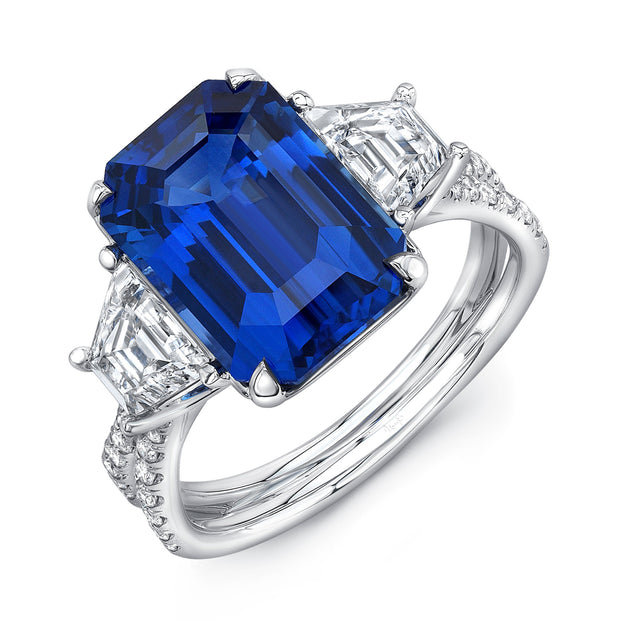 Uneek Sapphire-and-Diamond Three-Stone Engagement Ring with Emerald-Cut Blue Sapphire Center and Pave Silhouette Double Shank