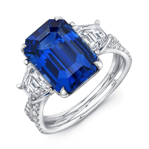 Uneek Precious Collection Three-Stone Emerald Blue Sapphire Engagement Ring
