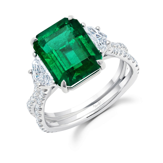 Uneek Precious Collection Three-Stone Emerald Cut Emerald Engagement Ring