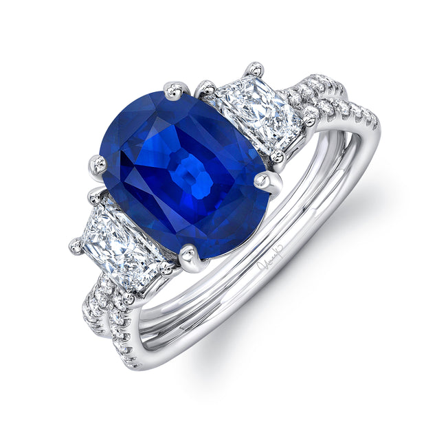Uneek Sapphire-and-Diamond Three-Stone Engagement Ring with Oval Blue Sapphire Center and Pave Silhouette Double Shank