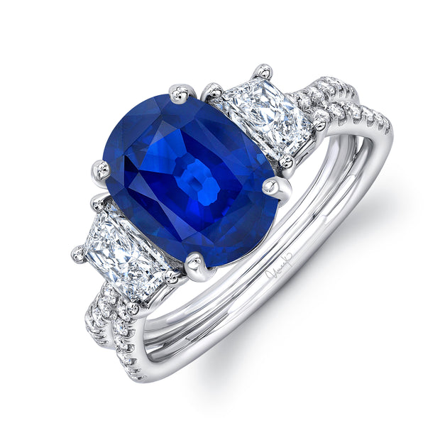 Uneek Precious Collection Three-Stone Oval Blue Sapphire Engagement Ring