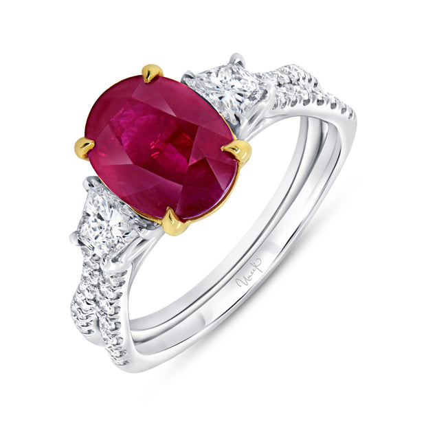Uneek Precious Collection Three-Stone Oval Ruby Engagement Ring