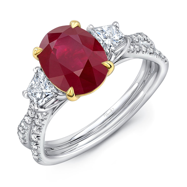 Uneek Precious Collection Three-Stone Oval Shaped Ruby Engagement Ring