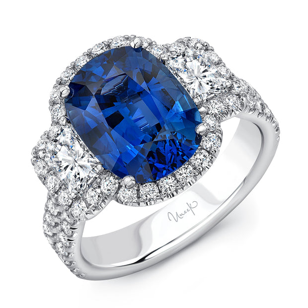 Uneek Precious Collection 3-Stone-Halo Cushion Blue Sapphire Engagement Ring