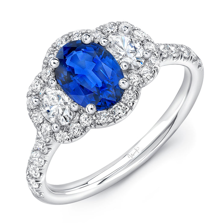 Uneek Oval Sapphire-Center Three-Stone Ring with Oval Diamond Sides