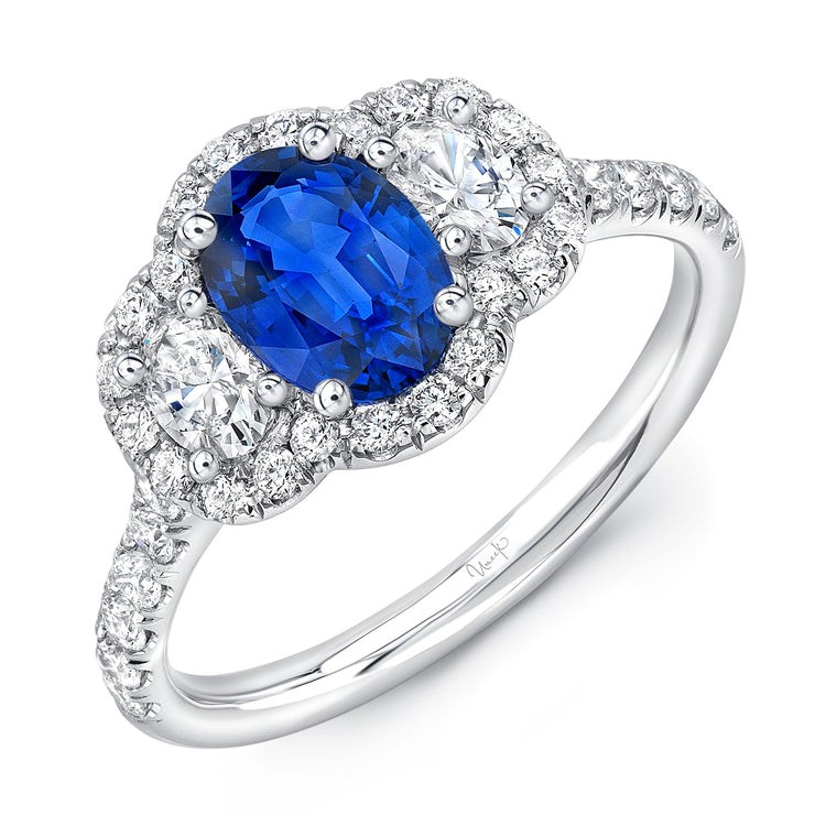 Uneek Precious Collection 3-Stone-Halo Oval Blue Sapphire Engagement Ring