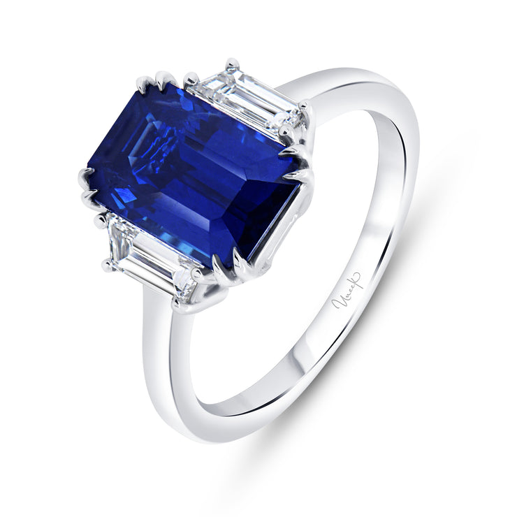 Uneek Precious Collection Three-Stone Emerald Cut Blue Sapphire Engagement Ring