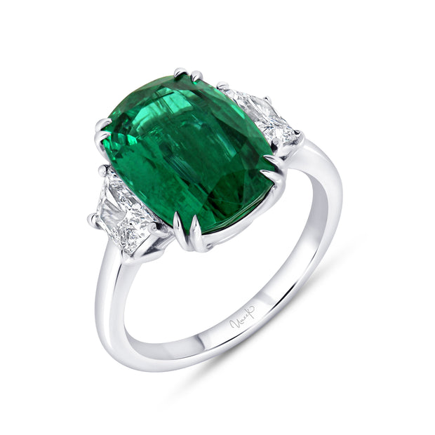 Uneek Precious Collection Three-Stone Cushion Green Emerald Engagement Ring