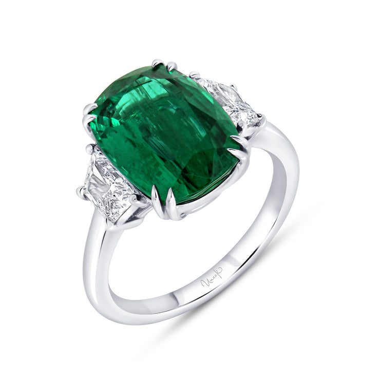 Uneek Precious Collection Three-Stone Cushion Green Emerald Engagement Ring