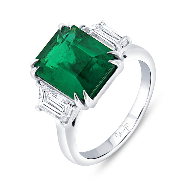 Uneek Precious Collection Three-Stone Octagon Emerald Engagement Ring