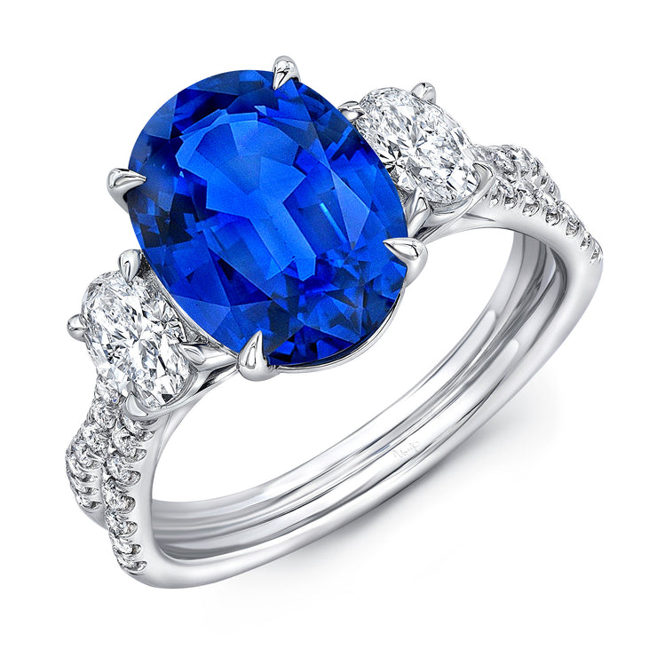 Uneek Sapphire-and-Diamond Three-Stone Engagement Ring with Oval Blue Sapphire Center, Oval Diamond Sides, and Pave Silhouette Double Shank