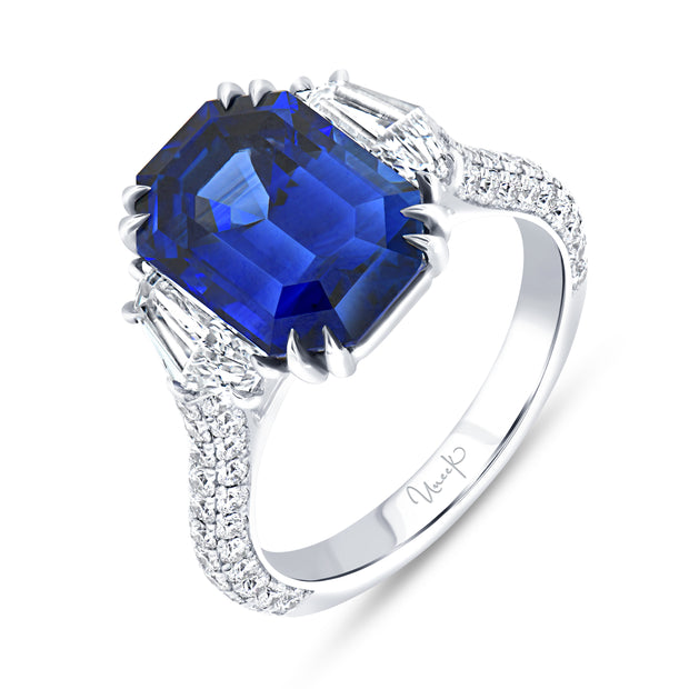Uneek Precious Collection Three-Stone Emerald Blue Sapphire Engagement Ring