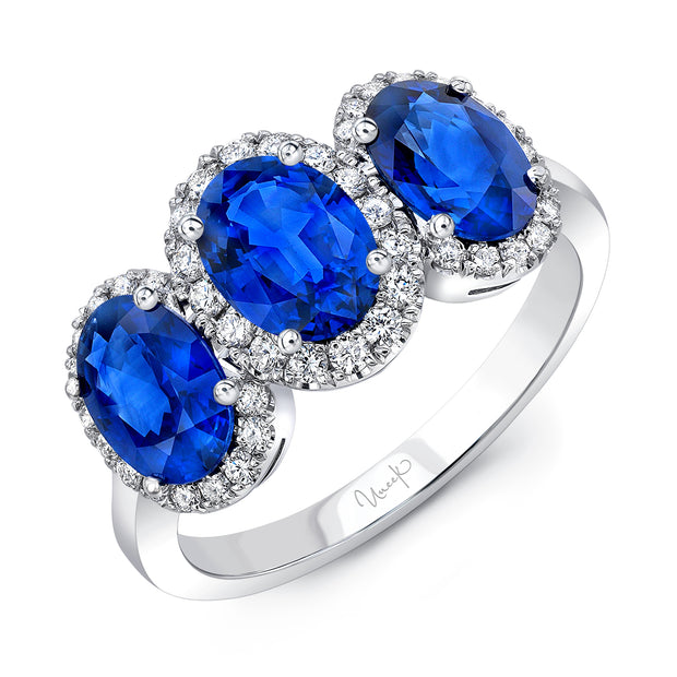 Uneek Precious Collection 3-Stone-Halo Oval Blue Sapphire Anniversary Ring