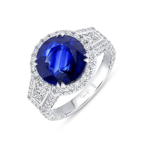 Uneek Precious Collection 3-Stone-Halo Round Blue Sapphire Engagement Ring