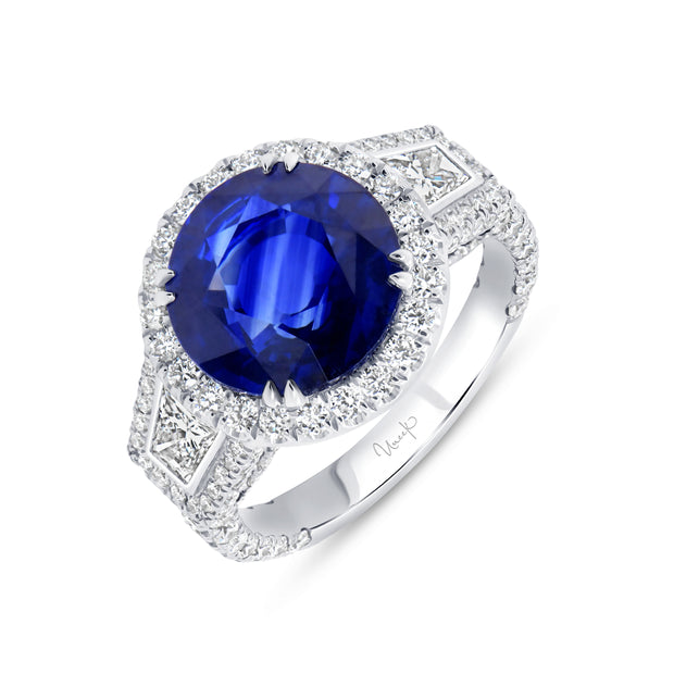 Uneek Precious Collection 3-Stone-Halo Round Blue Sapphire Fashion Ring
