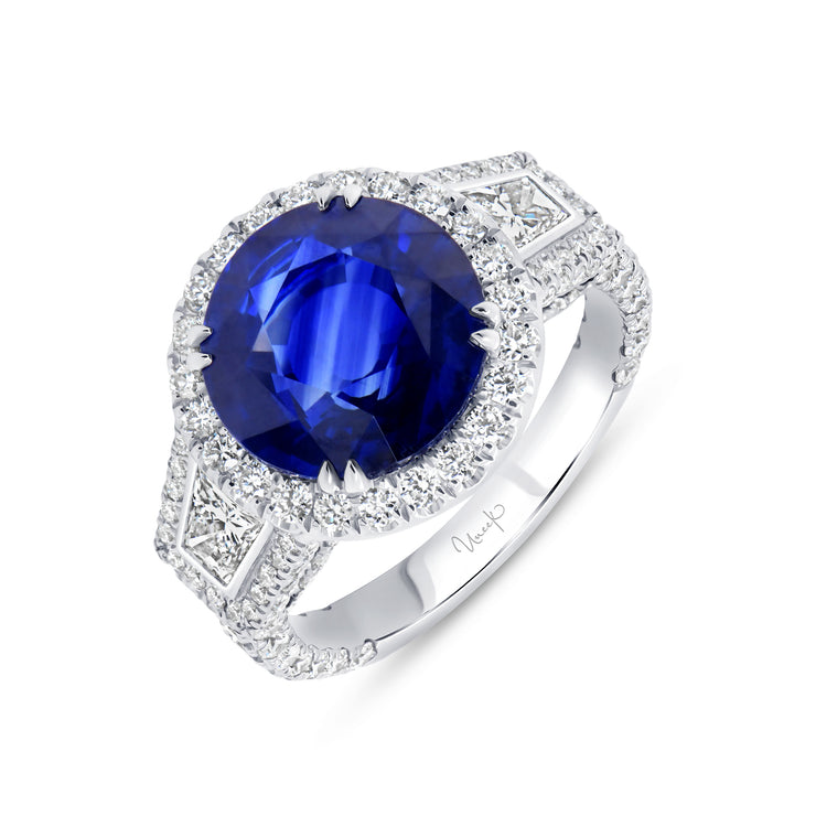 Uneek Precious Collection 3-Stone-Halo Round Blue Sapphire Engagement Ring