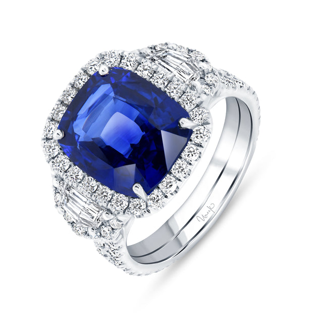 Uneek Cushion-Cut Blue Sapphire Ring with Epaulet Diamond Sidestones and Double-Row Pave Shank
