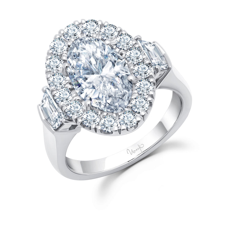 Uneek Signature Collection 3-Stone-Halo Oval Diamond Engagement Ring