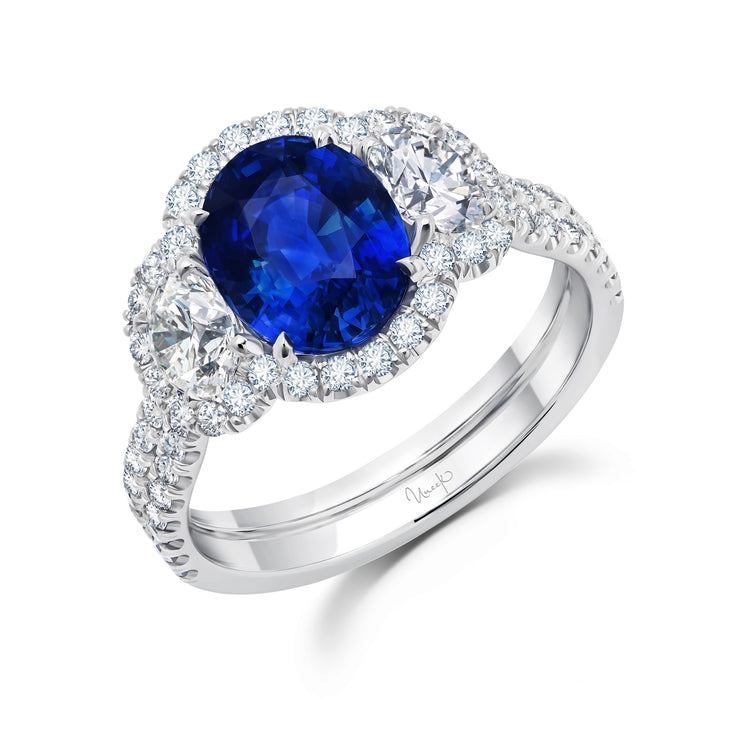 Uneek Precious Collection 3-Stone-Halo Oval Blue Sapphire Engagement Ring