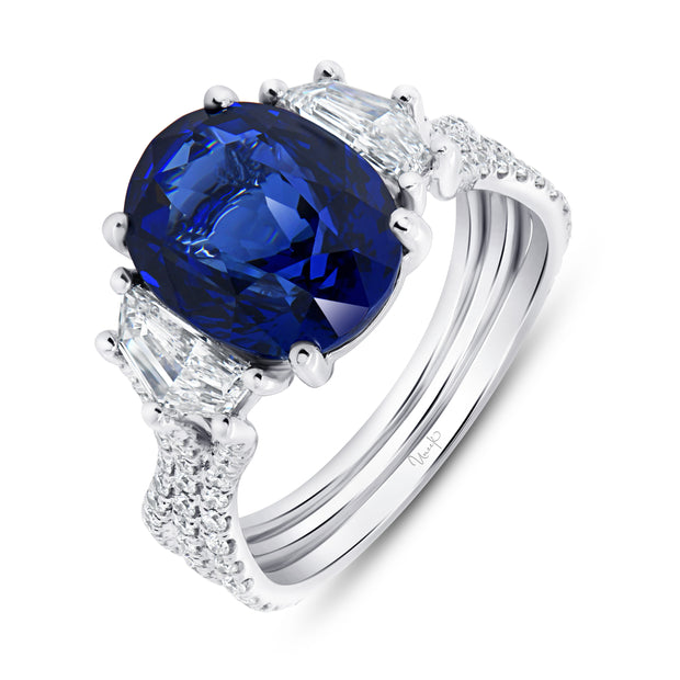 Uneek Precious Collection Three-Stone Oval Shaped Blue Sapphire Engagement Ring
