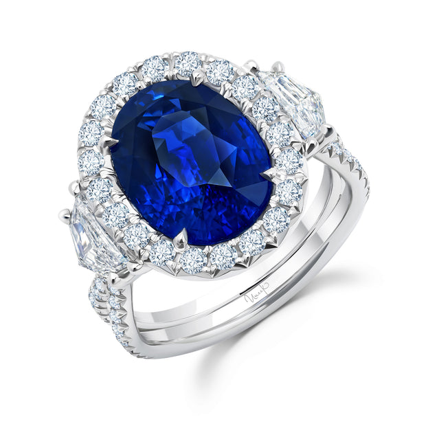 Uneek Precious Collection 3-Stone-Halo Oval Blue Sapphire Engagement Ring